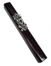 Dark Brown Wood Mezuzah Case with Shin on Decorative Silver Pewter