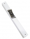 White Wood Mezuzah Case with Divine Name on Scroll Shaped Pewter Plaque