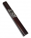 Dark Brown Wood Mezuzah Case, Decorative Silver Pewter Plaque with Shin