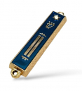 Small Mezuzah Case, Gold Metal with Blue Enamel  Torah Scroll and Shin