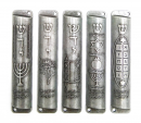 Set of Five Metal Mezuzah Cases with Divine Name and Motifs, Pewter - 4" Length