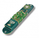 Gleaming Mezuzah Case, Jerusalem with Menorah and Star of David - Green and Gold