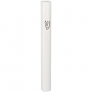 Rounded White Aluminum Mezuzah Case - Black "Shin" Outline