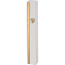 Smooth Stone-Like White Mezuzah Case with Gold Stripe and Gold Shin