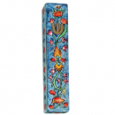 Yair Emanuel Large Hand Painted Wood Mezuzah Case - Flower Design on Blue