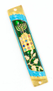 Rounded Mezuzah Case with Gleaming Breastplate and Menorah - Teal and Gold