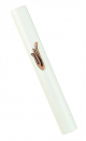 White Wood Rounded Mezuzah Case, Flame Image Shin in Gold Pewter