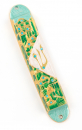 Rounded Mezuzah Case with Gleaming Jerusalem Images - Green, Gold and Off White