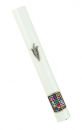 White Wood Rounded Mezuzah Case with Silver Pewter Shin and Colored Breastplate