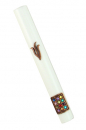 White Wood Rounded Mezuzah Case with Bronze Pewter Shin and Colored Breastplate