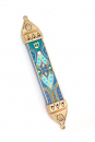 Wood & Pewter Mezuzah Blue and Green by Ester Shahaf