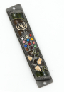 Rounded Mezuzah Case with Colorful Hoshen Breastplate and Menorah - Brown