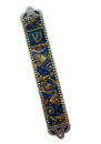 Iris Design Mezuzah Case, Hand Painted Enamel on Pewter, Beaded - Blue and Gold