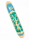 Rounded Mezuzah Case with Gleaming Tree of Life, Gold and Green - 5.3 Inches