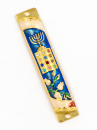 Rounded Mezuzah Case with Hoshen Breastplate and Menorah Design - Blue