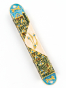 Rounded Mezuzah Case with Gleaming Jerusalem Images - Green, Blue and Cream