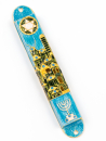 Rounded Mezuzah Case with Jerusalem Images, Menorah & Star of David - Blue Green