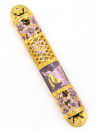 Rounded Mezuzah Case with Gleaming Peace Dove and Flowers - Gold and Purple